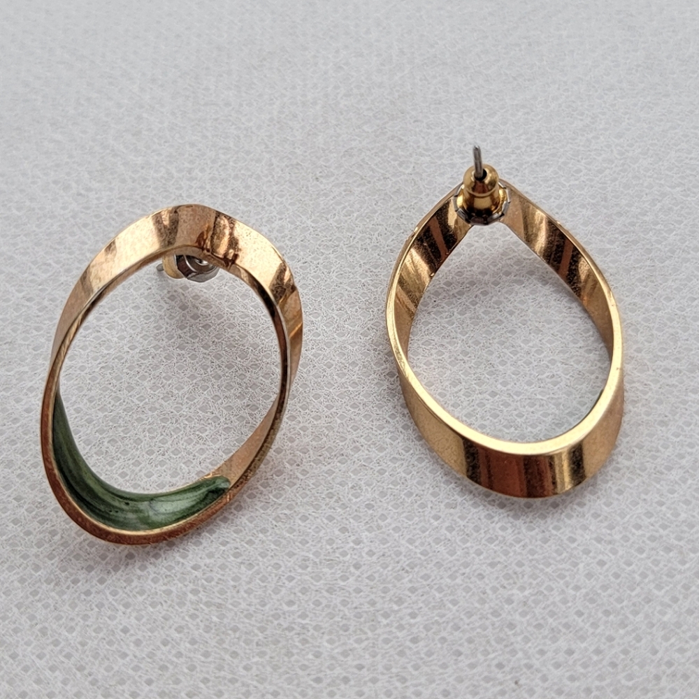 Vintage Gold and Green Swirl Enamel Earrings